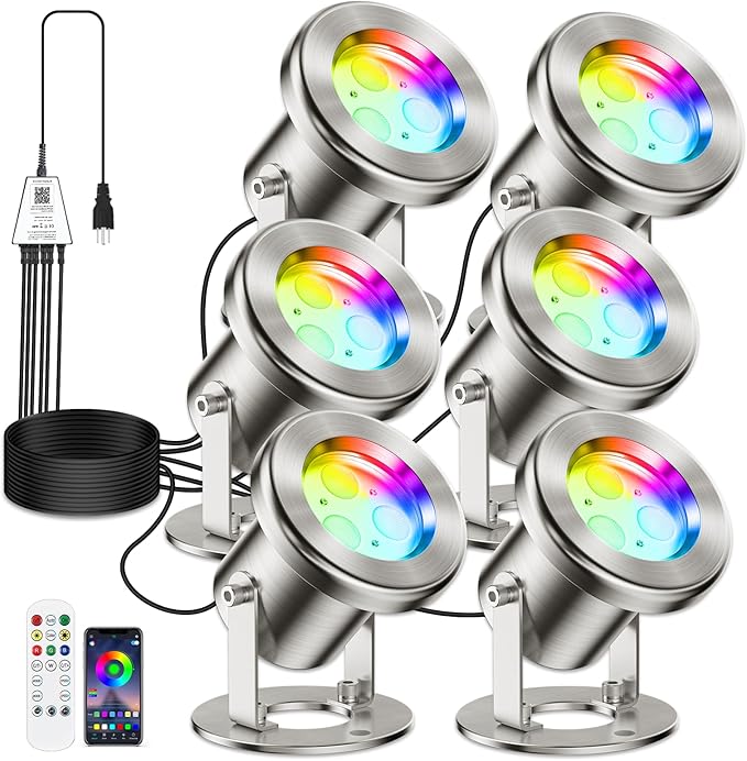 LyLmLe LED Pond Lights with APP Control, 6W SS316 Stainless Steel RGB Underwater Fountain Light with 12V Transformer, IP68 Waterproof Outdoor Underwater Lights for Pond Waterfall, Black Wire(6-Spots)