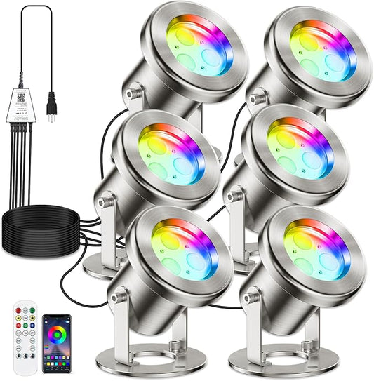 LyLmLe LED Pond Lights with APP Control, 6W SS316 Stainless Steel RGB Underwater Fountain Light with 12V Transformer, IP68 Waterproof Outdoor Underwater Lights for Pond Waterfall, Black Wire(6-Spots)