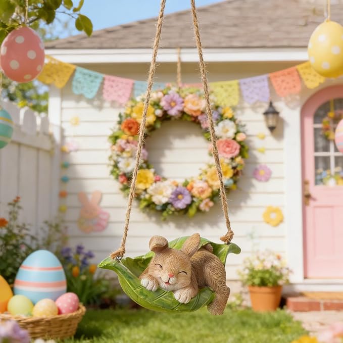 Rabbit Garden Décor Hanging Statue - Bunny Décor Hanging on Tree Branch Rabbit Swing Statue Bunny Easter Tree Décor Outdoor Ornaments Resin Sculpture Yard 4.96 * 2.3 * 2.3 Inch