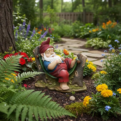 Comfy Hour 8"x7" Garden Gnome Statues for Outdoor Decor, Rustic Antique Vintage Dwarf Figurine, Sleeping Gnome on Stump Statue for Yard Home Decor