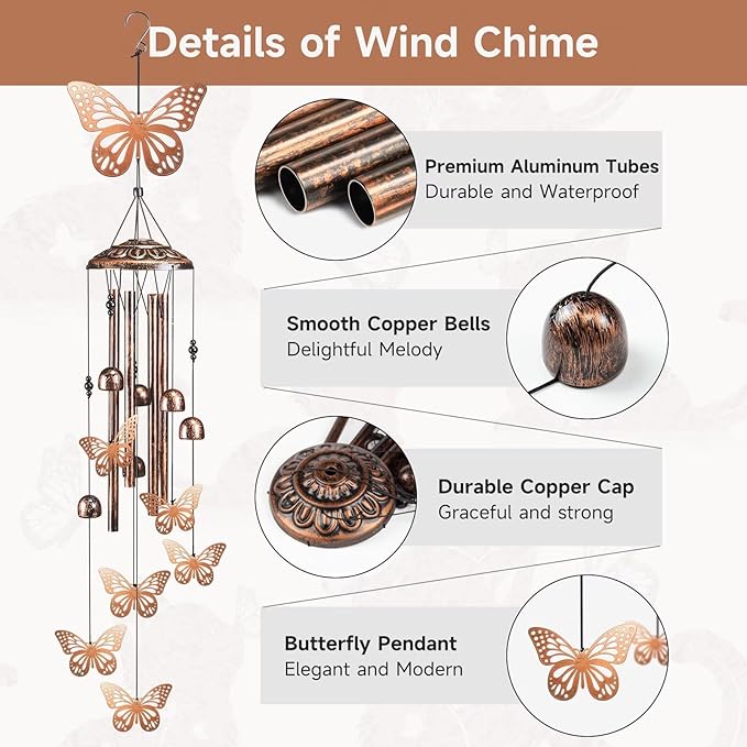 Butterfly Wind Chimes for Outside,41" Metal Windchimes, Housewarming/Easter/Halloween/Festival/Memorial Gifts for Women/Men, Butterfly Decorations for Outside, Patio, Garden or Yard