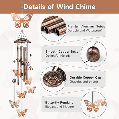 Butterfly Wind Chimes for Outside,41" Metal Windchimes, Housewarming/Easter/Halloween/Festival/Memorial Gifts for Women/Men, Butterfly Decorations for Outside, Patio, Garden or Yard