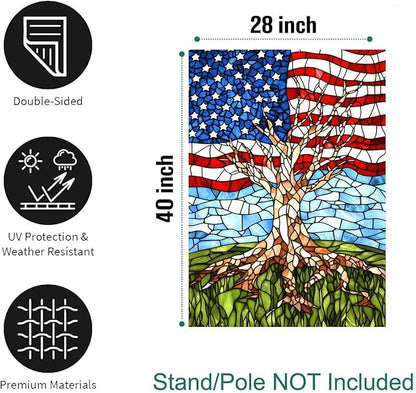 Patriotic American House Flag 28 x 40 Double Sided for Outside Large Stained Glass Tree Life Garden Flags 250 Anniversary USA 4th of July Independence Memorial Day Decora