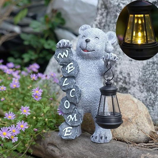 Bear Figurine Light Solar Powered Led Light- Welcome Lawn Decor Bear Garden Statues for Patio, Balcony, Yard Ornament, Outdoor Figurine Light House Housewarming Gifts, 7.8x4.13inch