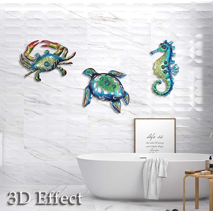 Weibefee Metal Sea Turtle Seahorse Crab Beach Themed Bathroom Wall Art Mother's Day Decor, Ocean Themed Wall Mother's Day Decorations Gift for Home Bathroom,10 Inch, Set of 3…