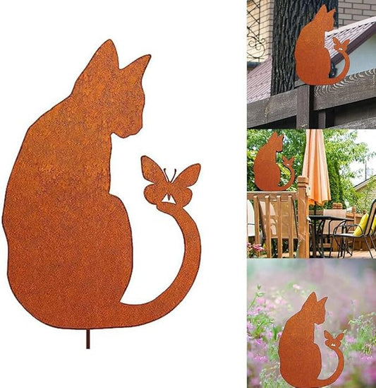 Sitting Cat Garden Statue Rustic Iron Outdoor Ornament for Yard or Patio Decoration(Sitting cat)