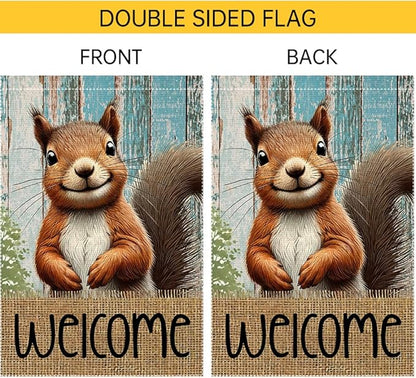 Spring Summer Garden Flag Welcome Garden Flags 12x18 inch Double Sided Small Burlap Squirrel Decor Yard Lawn Outdoor Home Decoratio