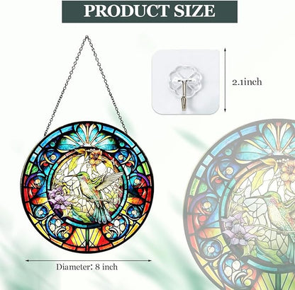 Hummingbird Stained Glass Suncatcher - Colorful Bird Sun Catcher Indoor Wall Decor Glass Panel Floral Window Hanging Ornament Gift for Mom, Grandma, Bird Lovers (8 inch)