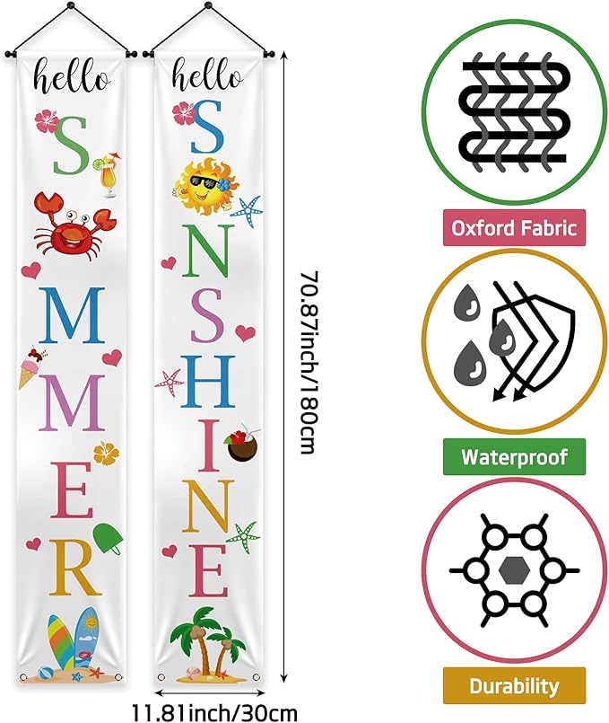 Lofaris Hello Summer Porch Sign Banner Hello Sunshine Party Decorations Beach Hanging Flag Summer Vacation Holiday Party Decor Yard Front Door Supplies