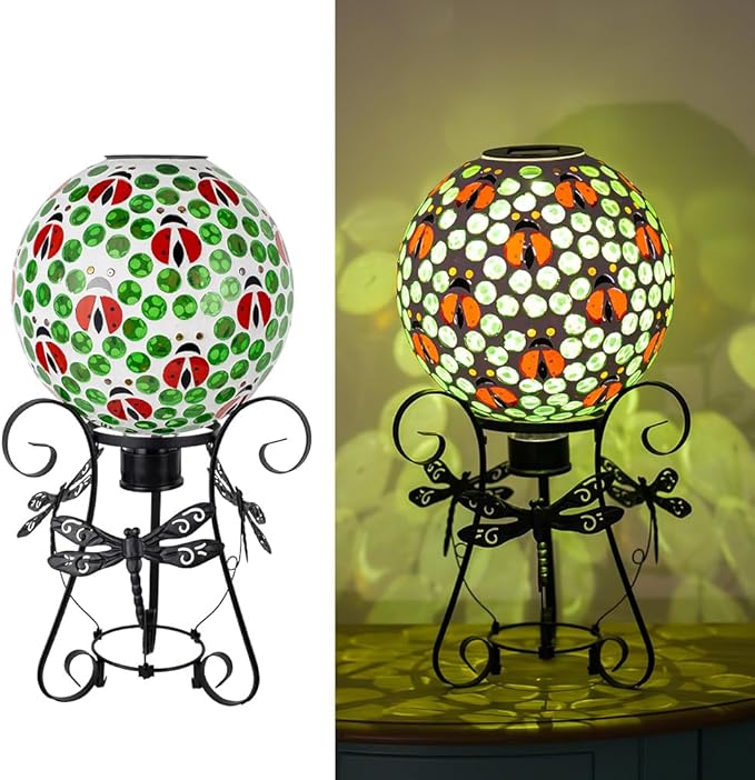 Stargarden Solar Gazing Ball, 10”Glass Gazing Globe, Mosaic Gazing Balls with Metal Ball Stand for Patio, Lawn, Garden Decor(Ladybug)