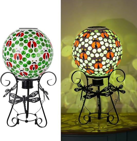 Stargarden Solar Gazing Ball, 10”Glass Gazing Globe, Mosaic Gazing Balls with Metal Ball Stand for Patio, Lawn, Garden Decor(Ladybug)