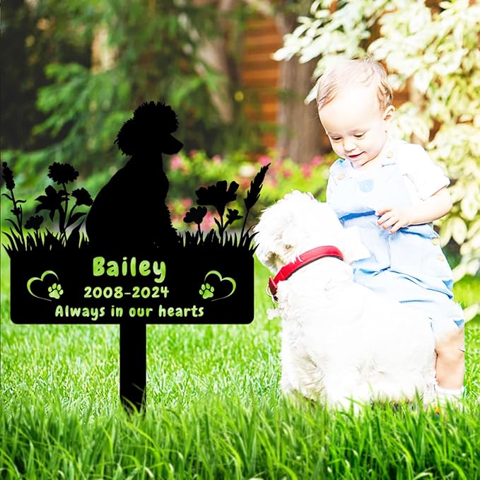 Custom Poodle Dog Memorial Grave Marker,Personalized Pet Dog Memorial Garden Stake,Flora Dog Memorial Plaque Burial Stake Engraved Sign,Dog Sympathy Grave Stake,Dog Statue Headstone