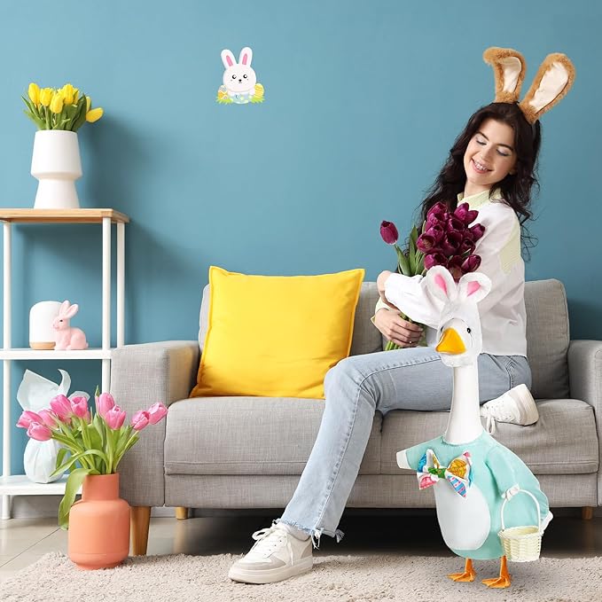 FuWeave Easter Bunny Goose Outfit Easter Egg Porch Goose Costume for Cement Plastic Geese Statue Spring Outdoor Garden Yard Patio Decoration(Baby Blue,17 Inches,Cute Bunny)