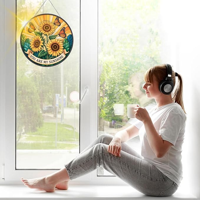 VAIIEYO Sunflower Sun Catcher Stained Glass Window Hanging Ornament, Handmade Sun Catcher Flower Decoration with Hooks for Window Garden Home, Mother's Day & Birthday Housewarming Gift (7.8 inch)