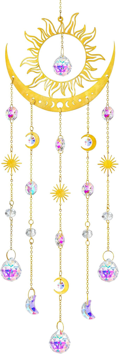 H&D HYALINE & DORA Sun and Moon Suncatcher Crystal Wind Chimes for Hanging Outdoor Indoor Glass Window Hanging Prisms for Garden Backyard Ceiling Room Decor