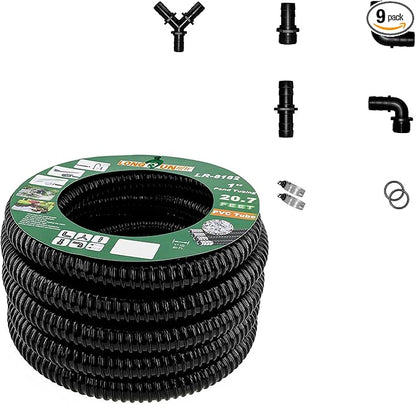 1 Inch Tubing Corrugated Pond Hose 1-Inch ID, 20.6 FT Length, Black PVC Kinkproof Strong Flex Tubing with Pipe Fittings, Aquarium, Pond Waterfall, Garden Pump Hose Drainage Tube