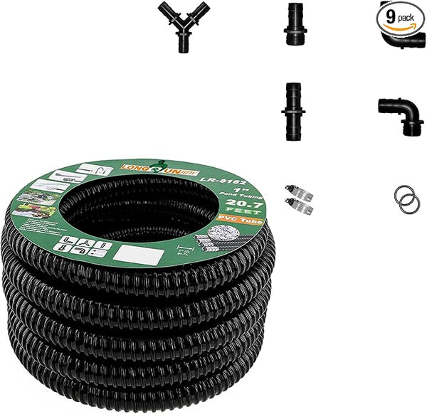 1 Inch Tubing Corrugated Pond Hose 1-Inch ID, 20.6 FT Length, Black PVC Kinkproof Strong Flex Tubing with Pipe Fittings, Aquarium, Pond Waterfall, Garden Pump Hose Drainage Tube