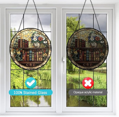 Book Stained Glass Suncatcher Ornament, Stained Glass Window Hanging, Sun Catchers Indoor Window, Suncatchers for Windows Hanging, Home Garden Decor Glass Panel, Bookish Gifts for Women Reader Lovers