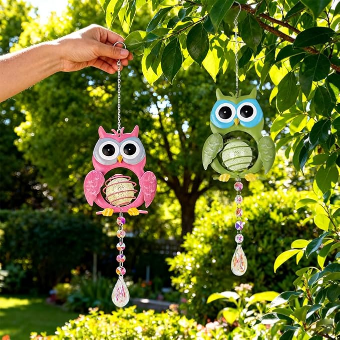 Garden Suncatcher, 2 Pack Hanging Owl Suncatchers with Rainbow Maker Crystal, Hand-Painted Metal Sun Catchers Indoor Window for Garden, Patio, Balcony, Indoor Window