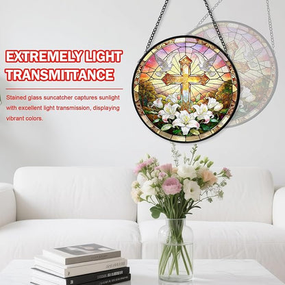 Cross Stained Glass Window Hanging, Flower Suncatcher Diamond Glass Panel Hangings, Sun Catchers Indoor Windows Wall Art Decor, Pastor Christian Gift, for Home Office 7.87 inches