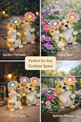 GoGnome Set of 3 Solar Animal Garden Lights – Resin Bunny, Cat & Dog Figurines with Warm LED Flower, Solar Powered Outdoor Décor for Garden, Patio, Yard, Balcony (Puppy/Kitten/Rabbit)