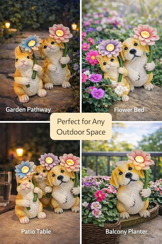 GoGnome Set of 3 Solar Animal Garden Lights – Resin Bunny, Cat & Dog Figurines with Warm LED Flower, Solar Powered Outdoor Décor for Garden, Patio, Yard, Balcony (Puppy/Kitten/Rabbit)