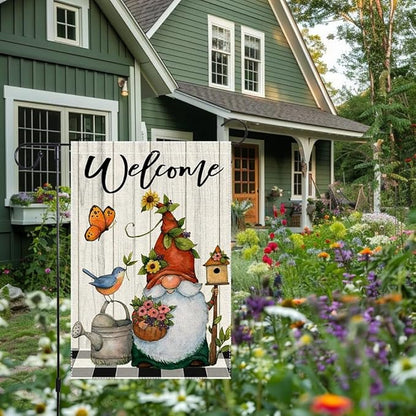 Welcome Spring Summer Garden Flag 12x18 Inch Double Sided Small Burlap Gnome Cardinal Flowers Butterfly Sunflower Buffalo Plaid Garden Flags Home Yard Lawn Holiday Outdoor Decorations