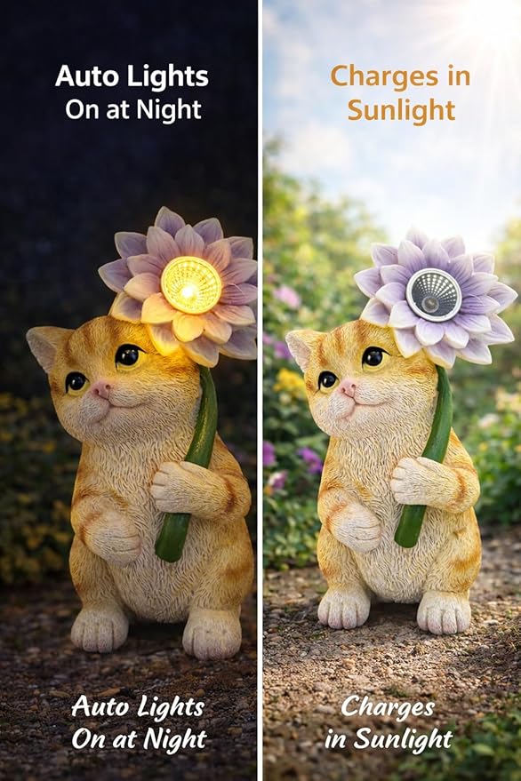 GoGnome Solar Cat Garden Statue with LED Flower for Mom Woman – 6.5‘’ Hand-Painted Resin Outdoor Kitten Figurine, Automatic Night Light, Yard Patio Lawn Decor (Kitten)
