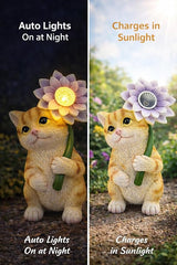 GoGnome Solar Cat Garden Statue with LED Flower for Mom Woman – 6.5‘’ Hand-Painted Resin Outdoor Kitten Figurine, Automatic Night Light, Yard Patio Lawn Decor (Kitten)