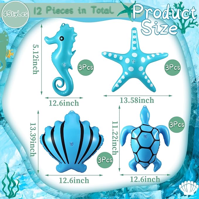 12 Pcs Summer Inflatables Outdoor Decorations Large Inflatable Starfish Seahorse Shell Turtle Hanging Ornaments Beach Party Decorations Giant PVC Ocean Animals Yard Decor for Indoor Outdoor