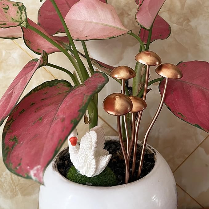 6.5" Metal Mushroom Garden Statue Decor (2-Pack) - Rust-Proof Iron Mushroom Stakes for Outdoor Lawn, Yard, & Patio - Flower Pot Ornament, Creative Gift for Garden Lovers (Stakes & Straps)