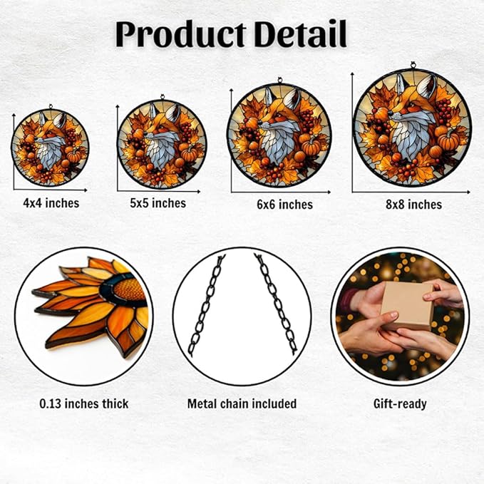 Autumn Lovely Fox Acrylic Suncatcher Stained Glass Effect Window Car Hanging Christmas Ornament Indoor Outdoor Decor Garden Sun Catcher Panel for Fox Lover for Women Mom Grandma