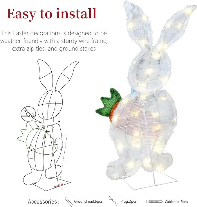 Outdoor Lighted Easter Bunny Yard Decorations, Metal Bunny Family Set of 3, Plug-in Pre-Lit LEDs for Lawn Garden Front Porch