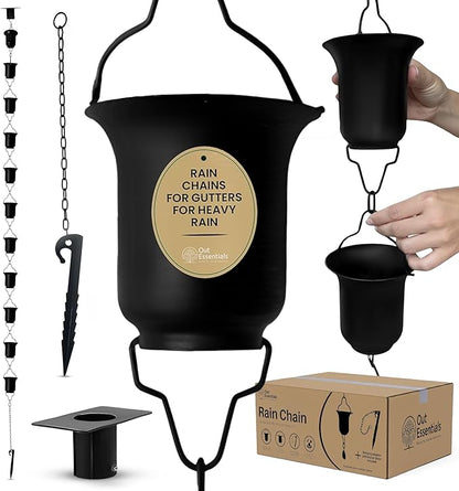 Black Rain Chain 9 FT, 11 FT Installed with Anchor Stake and Gutter Adapter, Durable Heavy Duty Rain Chains for Gutters for Heavy Rain, Rust Resistant, Outdoor Decor for Homeowners