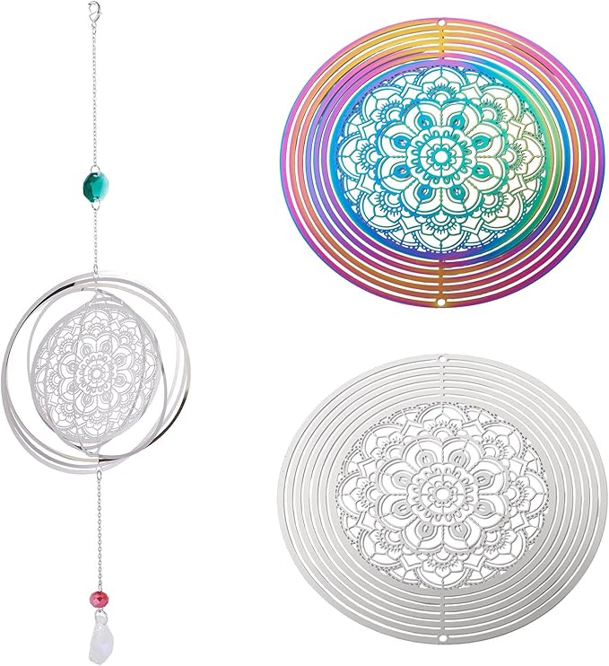 Stainless Steel Reflective Wind Spinners Outsides 3D Twisted Wind Chimes Gradient Flower Etched Metal Embellishments for Outdoor Indoor Garden Hanging Decor 2Pcs