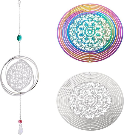 Stainless Steel Reflective Wind Spinners Outsides 3D Twisted Wind Chimes Gradient Flower Etched Metal Embellishments for Outdoor Indoor Garden Hanging Decor 2Pcs