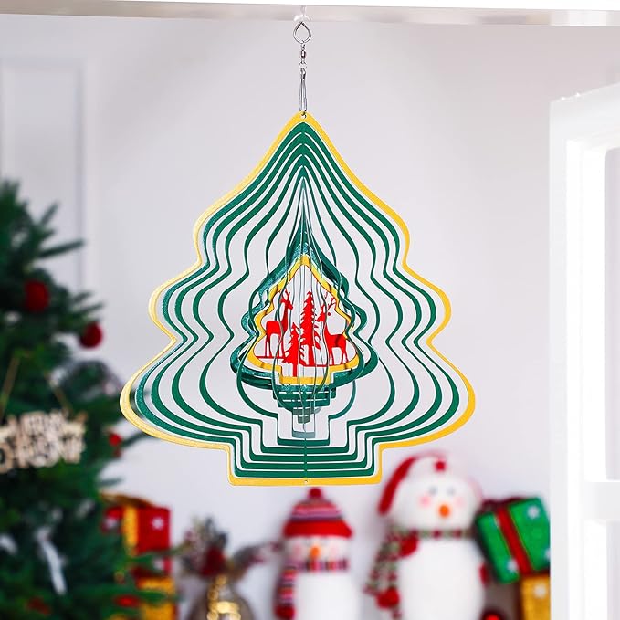 3D Metal Wind Spinner Christmas Tree Shape Stainless Steel Yard Decorations Spinner with a Routing Hook for Outdoor Garden House Hanging Decoration Gift with 360 Rotating Hook for Home Yard Decor