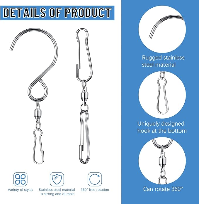 Jetec 20 Pieces Wind Spinner Swivel Hooks 360 Degree Dual Spinning Windsock Chime Supplies Hanger Swivels Clip Hanging Hooks with Storage Box for Wind Spinners Supply, 2 Styles (Metal Color)