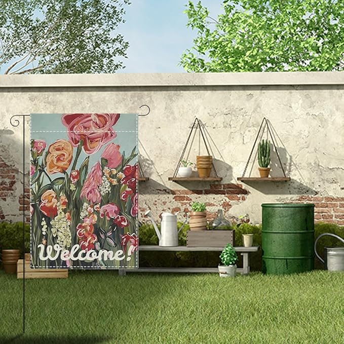 Welocome Spring Flower Garden Flag Oil Painting Pink Floral Spring Garden Flag Decor Double Sided House Flag for Outside Yard Decorations 12×18 Inch