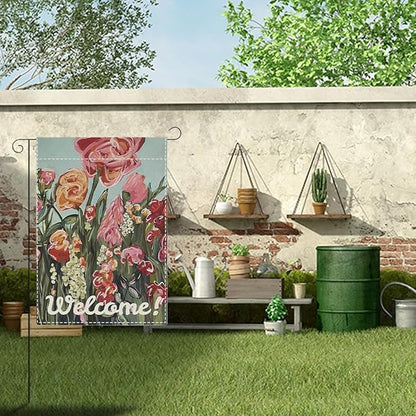 Welocome Spring Flower Garden Flag Oil Painting Pink Floral Spring Garden Flag Decor Double Sided House Flag for Outside Yard Decorations 12×18 Inch