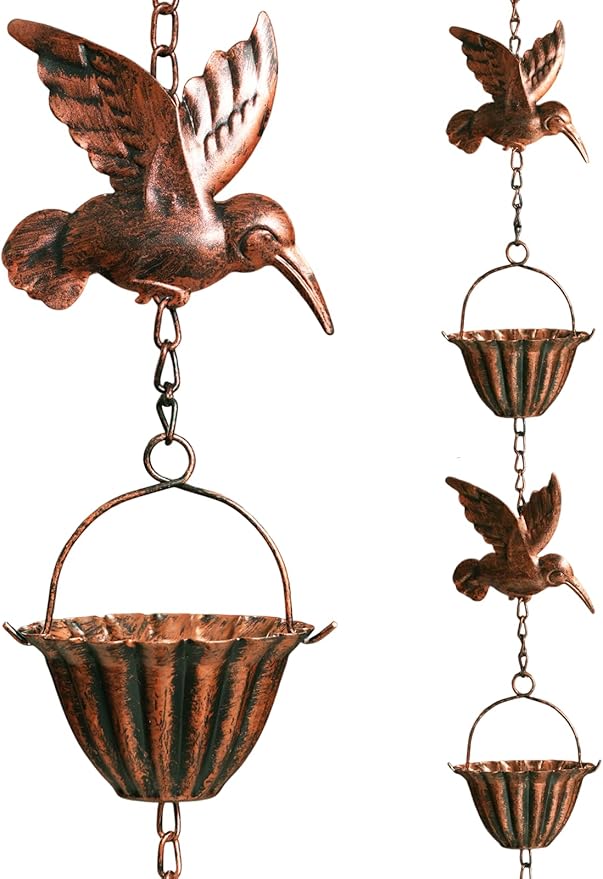 Rain Chains for Gutters, 8.8ft Rain Catcher Chain with 7 Metal Cups & Hummingbird Decor, Adjustable Downspout Replacement for Roof Drainage & Decorative Water Collection（Hummingbird Copper）