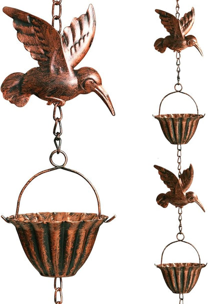Rain Chains for Gutters, 8.8ft Rain Catcher Chain with 7 Metal Cups & Hummingbird Decor, Adjustable Downspout Replacement for Roof Drainage & Decorative Water Collection（Hummingbird Copper）