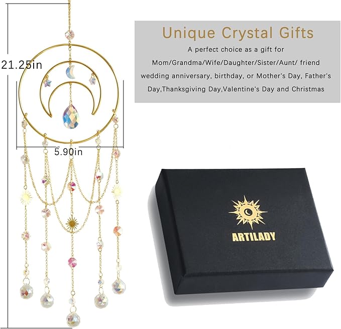 Artilady Suncatcher,Moon Sun Catcher-Large Prism Suncatcher Crystal Wind Chimes for Window Boho Home Garden Backyard Room Ceiling Charming Decor Christmas Birthday Handmade Gift for Women