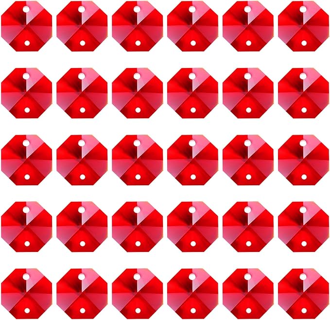 PATIKIL K9 Crystal Octagon Beads 2 Holes Pendants, 60 Pack 14mm Chandelier Prisms Parts Ornaments Hanging Beads for DIY Arts Crafts Decoration, Red