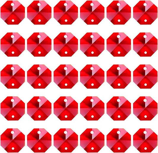 PATIKIL K9 Crystal Octagon Beads 2 Holes Pendants, 60 Pack 14mm Chandelier Prisms Parts Ornaments Hanging Beads for DIY Arts Crafts Decoration, Red