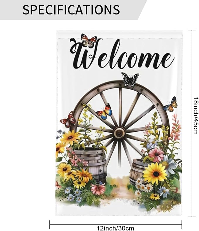 Wagon Wheel With Flowers Butterflies Garden Flags 12×18 Inch Double Sided Decorative Yard Banner Seasonal Flag for Outdoor Outside Decor