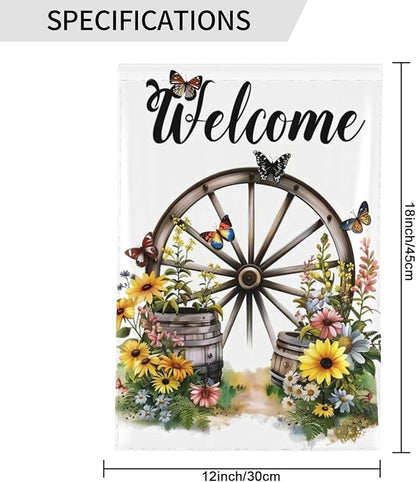 Wagon Wheel With Flowers Butterflies Garden Flags 12×18 Inch Double Sided Decorative Yard Banner Seasonal Flag for Outdoor Outside Decor
