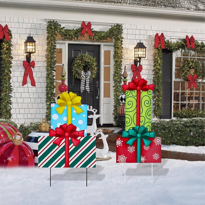 Afirst Christmas Yard Stakes Gift Box Christmas Yard Decorations Detachable 4 Stacked Gifts Box Metal Garden Stakes Outdoor Xmas Stake Lawn Pathway Outdoor Decoration