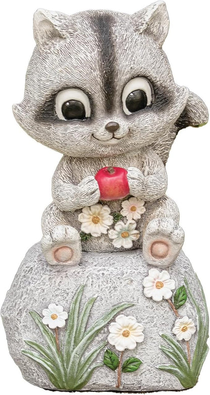 Roman 8” Raccoon Sitting on Rock Garden Statue – Outdoor Yard Decor, Animal Figurine for Garden, Lawn, or Patio