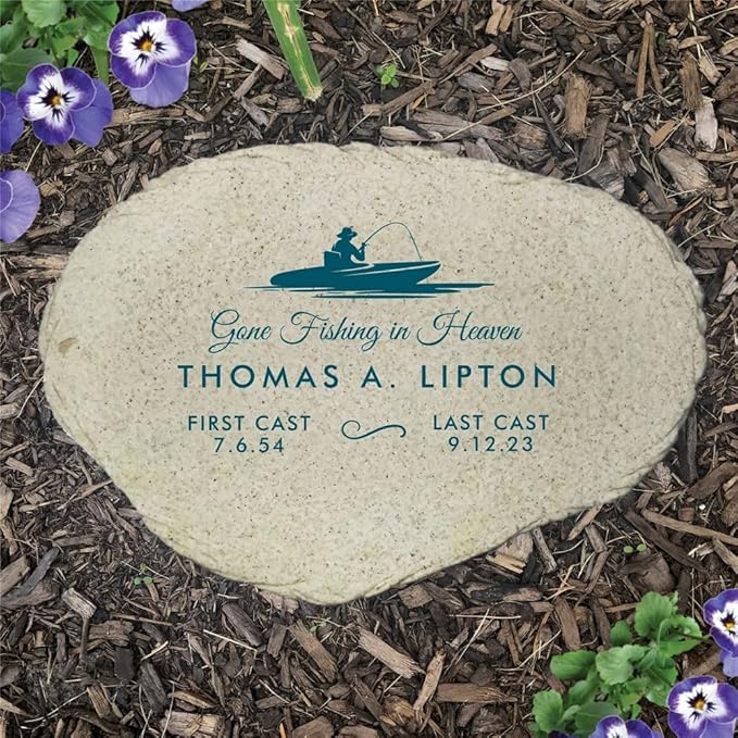 GiftsForYouNow Gone Fishing in Heaven Personalized Memorial Garden Stone, Flat UV Resin Stone, Measures 11.25" W x 7.75" H, Fisherman Memorial, Grandpa, Dad, Last Cast